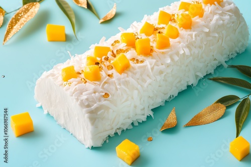 Bûche de Noël tropicale à la noix de coco et mangue, décorée de copeaux de noix de coco, cubes de mangue et feuilles d'or comestibles sur un fond bleu clair..