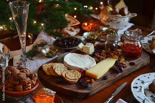 Plateau de fromages de Noël, accompagné de fruits secs, de noix et de confitures, pour une touche gourmande en fin de repas..