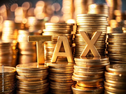 Stacks of Gold Coins Highlighting the Word TAX in Bold Letters - A Candid Representation of Financial Burden and Taxation Concepts in Modern Economy