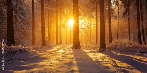 Sunlight pierces through forest trees, casting golden hues and shadows on fresh snow in a serene morning scene.