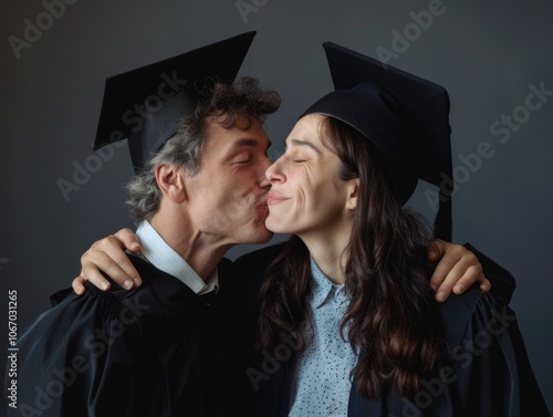 Two students wearing caps and gowns share a joyful kiss during their graduation ceremony, symbolizing the culmination of their academic journey.