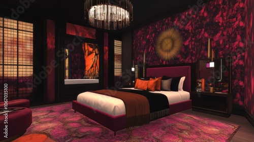 Hollywood glam luxury bedroom with velvet accents, art deco lighting, and bold wallpaper 