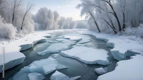 A frozen river starting to crack and break apart as the ice shifts. Large chunks of ice float downstream, creating an ominous yet beautiful natural scene with frost-covered trees