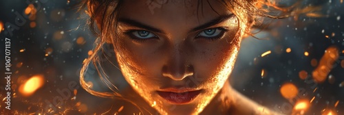 A close-up of a woman's face, illuminated by flickering sparks, conveys intensity and determination