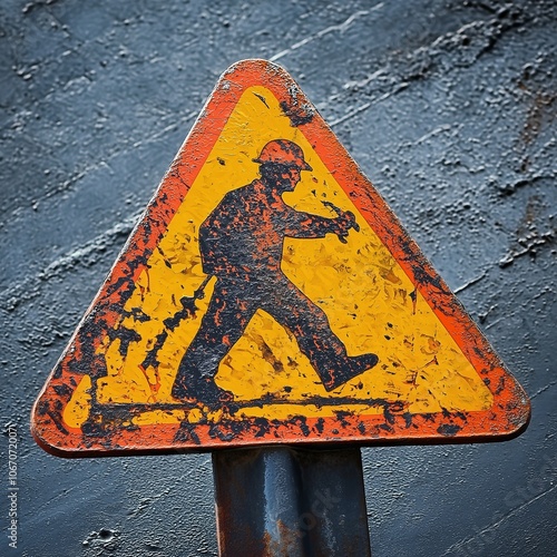 Rusty triangular sign featuring silhouette of a worker, signaling caution.