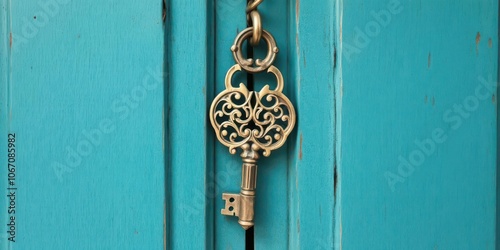 Skeleton key with intricate design hanging from teal blue wooden door, lock