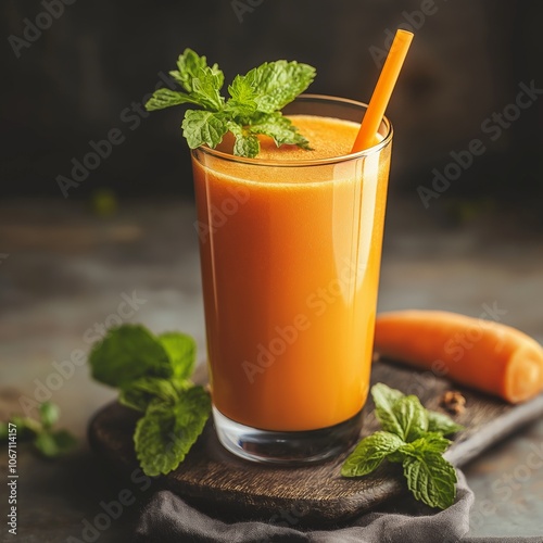 Glass of fresh carrot juice garnished with mint and straw resting on a table.