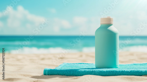 serene image of sports drink bottle on beach towel, symbolizing hydration