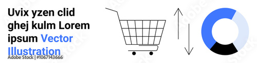 Shopping cart, bidirectional arrows, and pie chart in monochrome with blue segments. Ideal for e-commerce, sales tracking, analytics, data visualization, marketing strategies, customer behavior