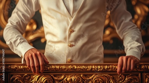 Close-up of a carpenter inlaying gold leaf into luxurious wooden furniture, soft ambient lighting, Baroque style, high level of detail, rich textures, digital painting.