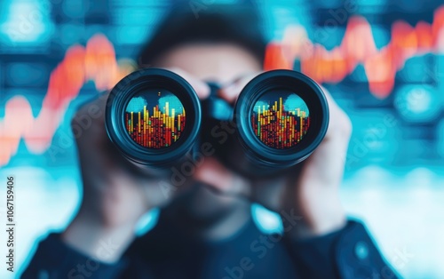 Investor holding binoculars, emphasizing strategic opportunity spotting, warm and bright colors, proactive mindset