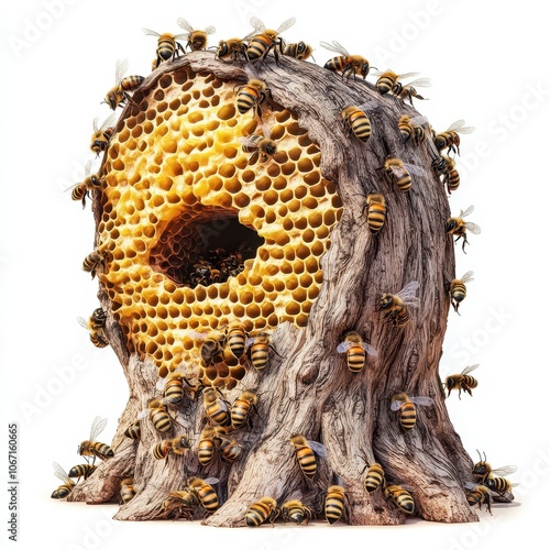 A large beehive with bees buzzing around, photorealistic texture, detailed bark and vibrant honeycomb, isolated on white background