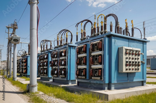 High voltage transformers at electric station on a sunny summer day, blue sky power plant