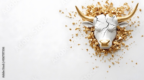 A Shattered Golden Bull Head Symbolizing Strength and Fragility Amidst a Gleaming Backdrop. Stock Market Fail Concept