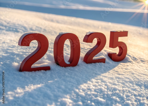 3D red 2025 text on snow with sunlight background. Generative AI