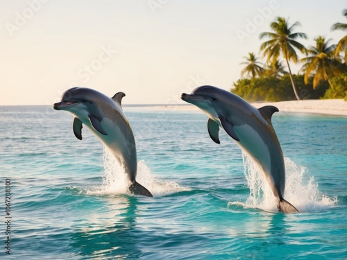 Dolphins leaping out of clear blue ocean water during the day near a tropical coastline.