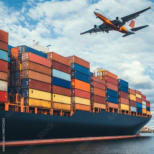 Cargo ship with containers at dock, plane overhead, multimodal logistics