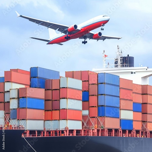 Cargo ship with containers at dock, plane overhead, multimodal logistics