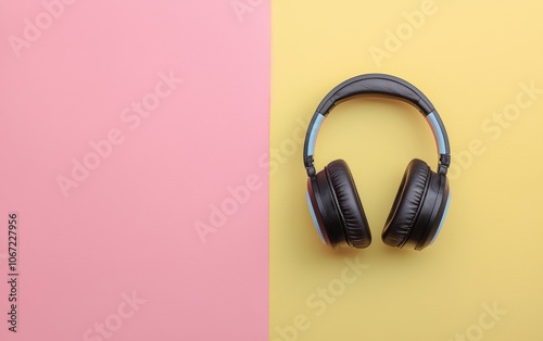 Stylish black headphones resting on a vibrant pastel background, perfect for music lovers, tech enthusiasts, or audio professionals.