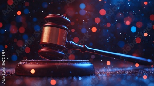 A gavel rests on a surface, surrounded by colorful bokeh lights, creating a vibrant backdrop that symbolizes justice and the legal system.