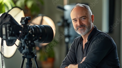 professional photographer capturing a portrait in a well-lit studio with high-end equipment