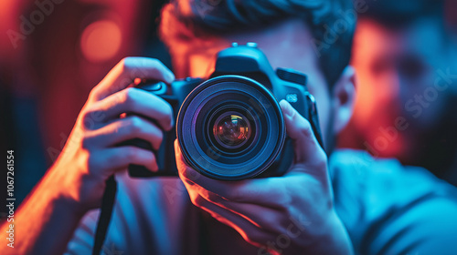 professional photographer capturing a portrait in a well-lit studio with high-end equipment