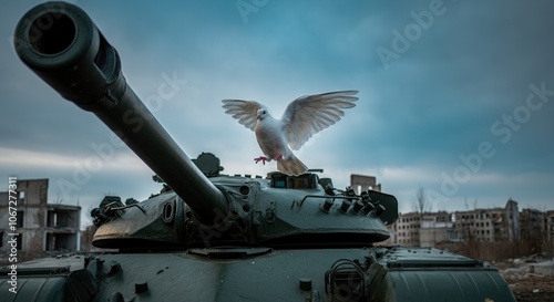 A dove gracefully perches on the turret of a military tank, juxtaposed against the backdrop of a desolate urban landscape. This striking contrast highlights themes of peace amidst destruction in the f