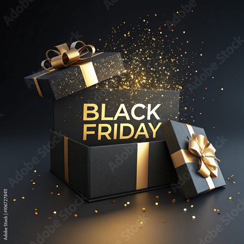 Free Photo Black Friday sale is a gold gift box and ballon with a black background 