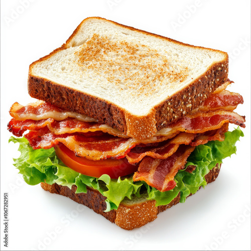 A classic BLT sandwich with bacon, lettuce, and tomato, isolated on a white background, showcasing layers and crispness