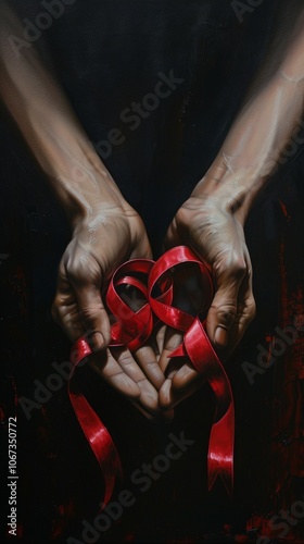 Image: two hands clasp red ribbon heart on black backdrop. Wrinkles show strength, red hints fragility. Emphasizes tenderness and introspection.