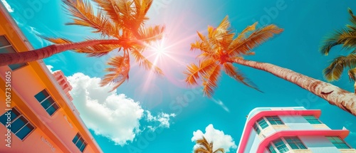 A sunny day with palm trees, colorful buildings, and vibrant hues evoking a cheerful coastal ambiance, likely Miami-like.