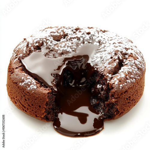 A rich chocolate lava cake with melted center, isolated on a white background, emphasizing a decadent dessert choice