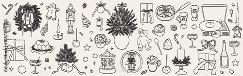 Hand drawn chalk winter food and dessert illustrations. Christmas icons. Wine, hot cacao or chocolate, gifts, toys, baubles drawings for new year invitations, cafe menus and parties in sketch style.