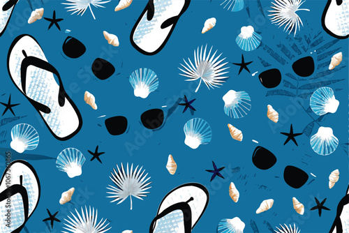 Create a vector illustration featuring a seamless pattern of various beach elements including flip flops, seashells, starfish, and maybe even a beach umbrella.