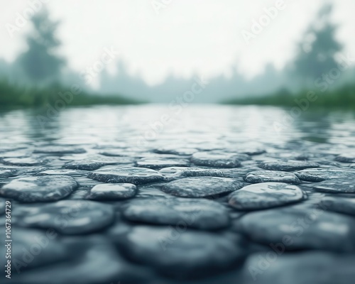 Water rippling over rock surface, high detail, soft natural light, calm and peaceful freshwater environment