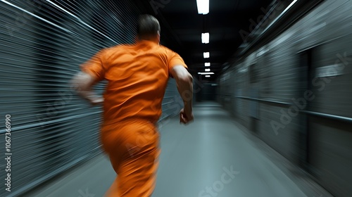 Escape in the Rain Inmate Sprinting Through Dark Alley - Dramatic Motion Blur and Intense Lighting Capture the Tension of a Prison Break in an Orange Jumpsuit