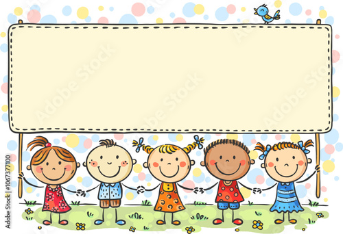 Happy kids standing outdoors in a row and holding big banner. Cartoon children holding hands. Doodle kids with placard