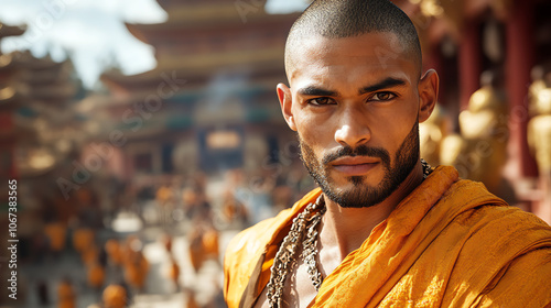 A young man in traditional monk robes stares intently at the camera in front of a bustling temple.