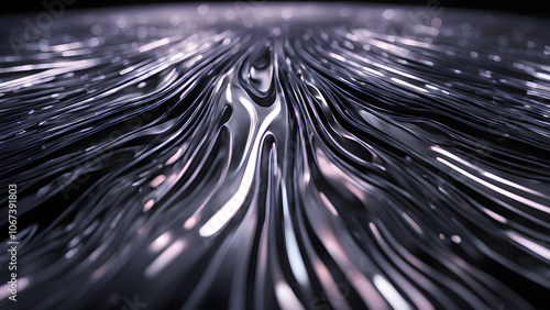 A futuristic metallic fluid surface with dynamic geometric patterns illuminated by flashing light, AI Generated