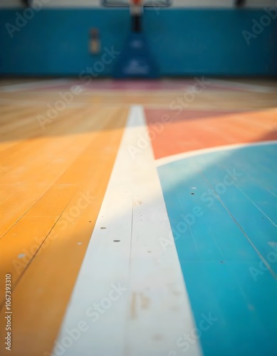 close-up of a basketball court with detailed texture, focusing on the free-throw line and the vibrant team colors painted on the floor