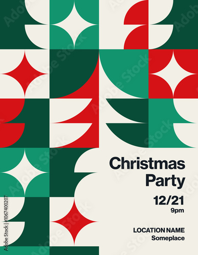 Christmas party poster vector template layout. Seasonal festive event flyer with pattern or patchwork illustration.