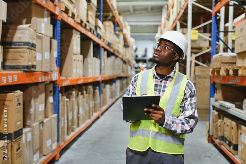 African american warehouseman with clipboard checking delivery, stock in warehouse