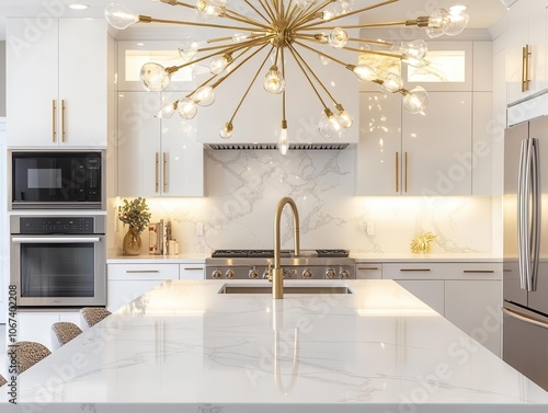 a luxurious kitchen featuring an expansive island with gleaming white marble, a gold faucet, stainless steel appliances, and a contemporary sputnik chandelier, all bathed in warm, inviting light