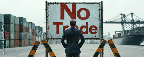 businessman standing at border checkpoint with No Trade sign, surrounded by shipping containers and cranes, reflecting on trade restrictions