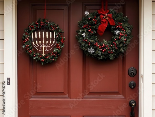 A festive front door adorned with a holiday wreath and a menorah, celebrating both Christmas and Hanukkah traditions.