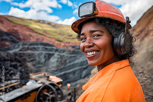 Smiling African American female miner working at open-pit mining site. Happy female mining worker on rugged outdoor site.