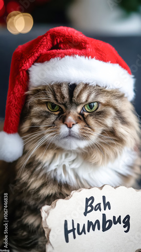 Grumpy cat in santa hat with "bah humbug" sign for christmas humor