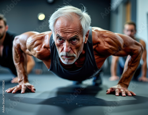 Hombre mayor musculoso y enfocado haciendo flexiones en grupo en un gimnasio moderno.