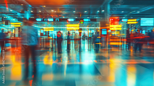 Vibrant motion at a high-tech airport security checkpoint with glowing lights