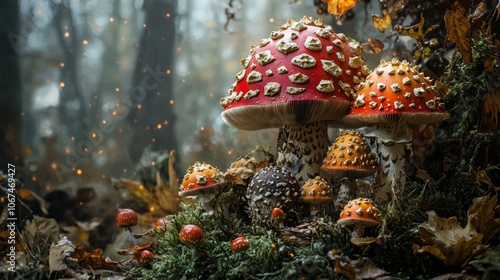 Close-up of fly agaric mushrooms in a mystical forest